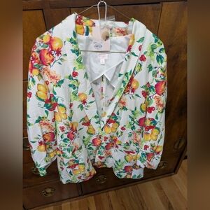 NWT LC Lauren Conrad light blazer with colorful fruit motif.